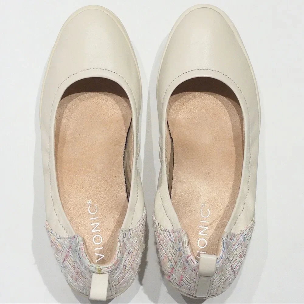 Vionic Jacey Ivory White Leather Wedge Ballet Flat Arch Support Women Size 6.5